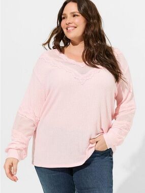 Torrid Waffle V-Neck Long Sleeve Mesh Inset Sweatshirt — Blush Pink - 2X — NWT